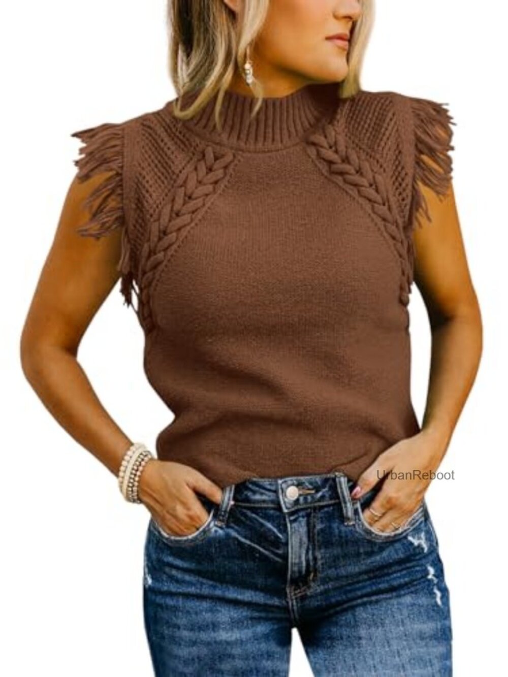 Sleeveless Sweater Vest Mock Neck Cable Knit Fringe Cap Sleeve Pullover Tank